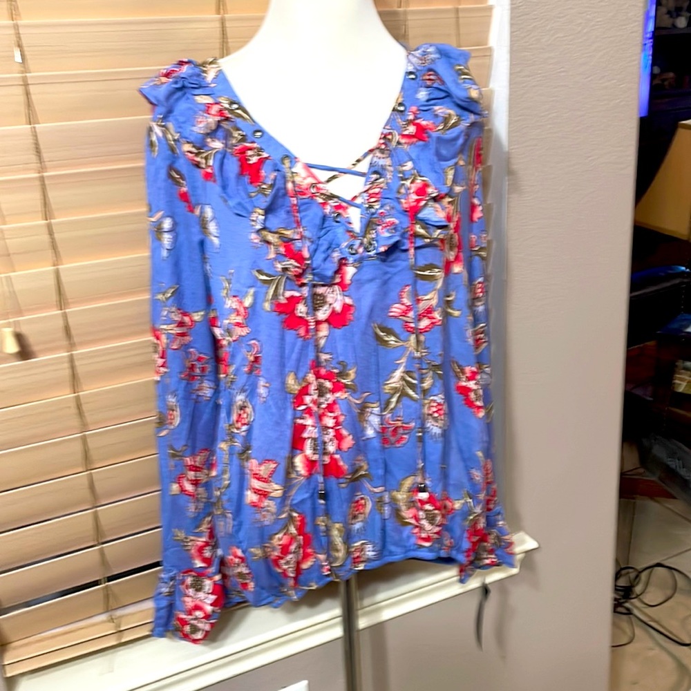 Blue Coral ruffled neckline, ruffled sleeves Signature Studio lace up neck shirt